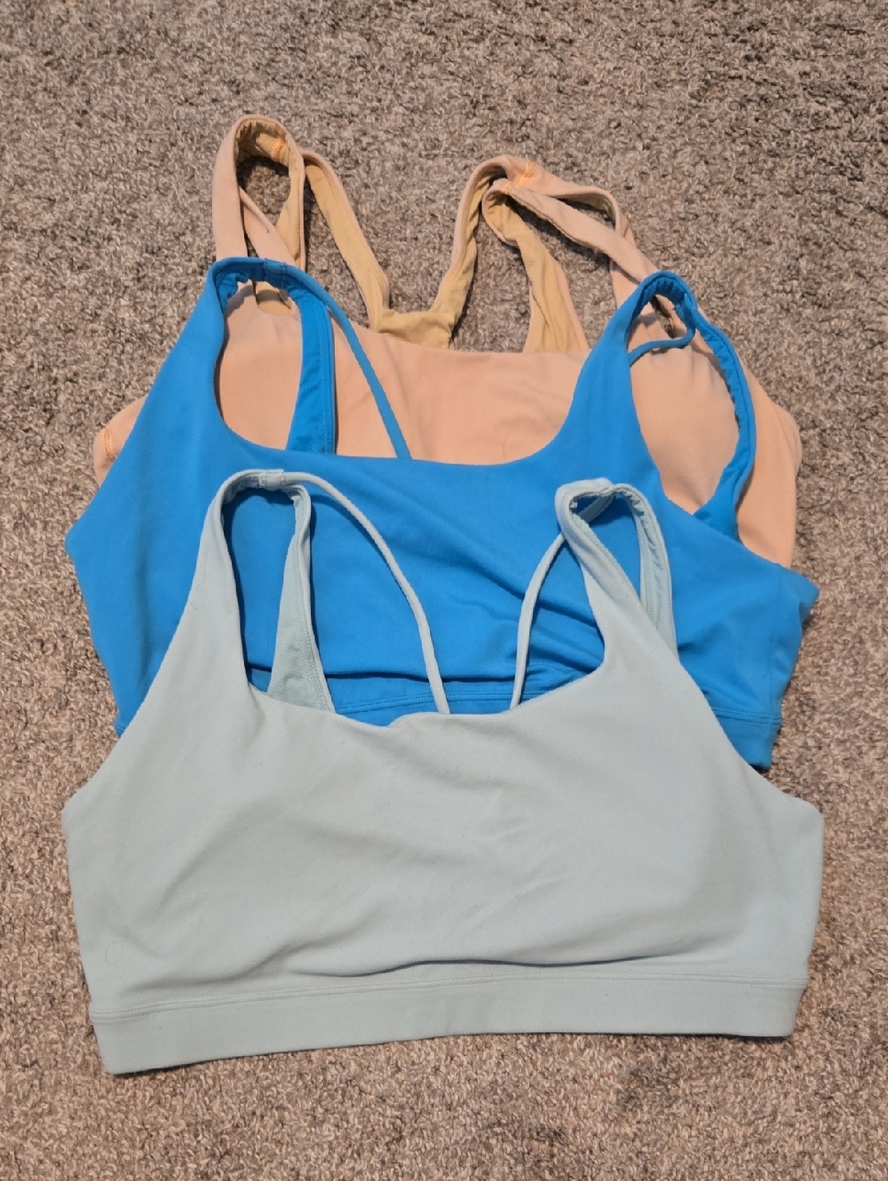 Athleta Strappy Seamless Sports Bras - Blue, Peach & Light Gray